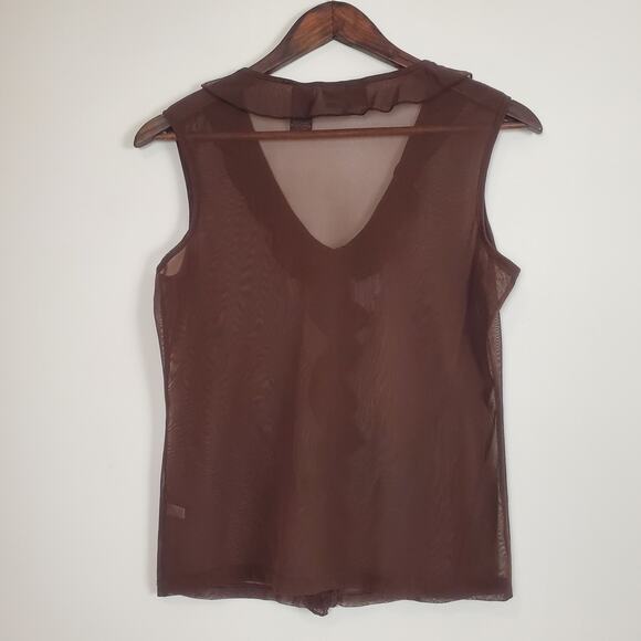 Vintage 90s Y2K Mesh Ruffle Tank Chocolate Brown Medium - Picture 7 of 10